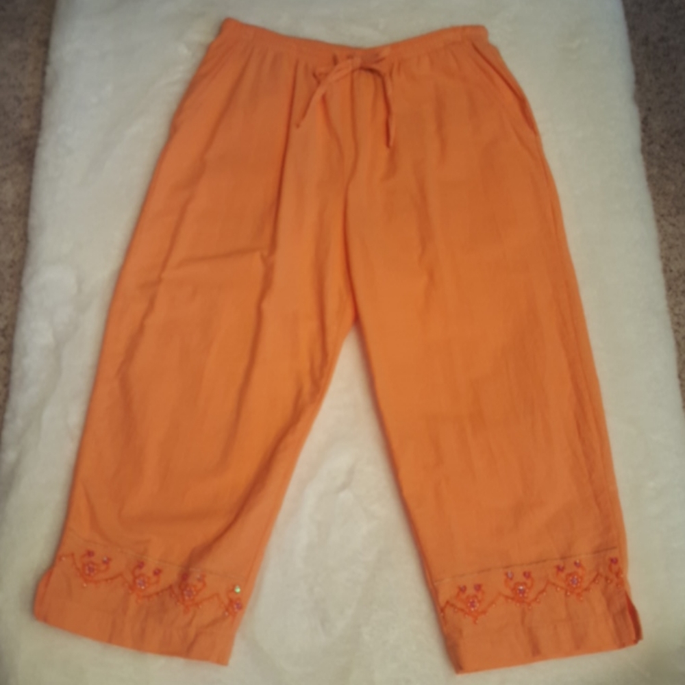 JANE ASHLEY ♡ Orange 'n Pink Elastic Hi-Waist Embroidered Bling Sequin Capris S